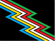disability pride flag- black background with blue, yellow, white, red, green zigzag stripes